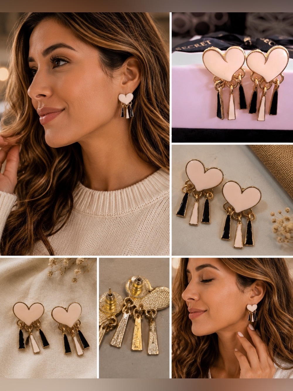 Heart Drop Dangle Earrings Gold Tone Cream Black Statement Fashion Jewelry